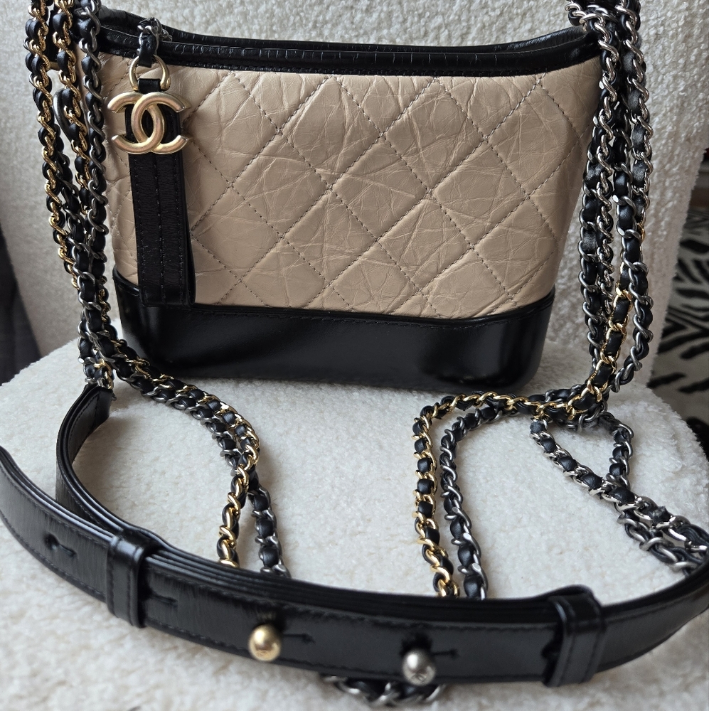 CHANEL Tan and Black Quilted Crossbody Bag with Chain Strap
